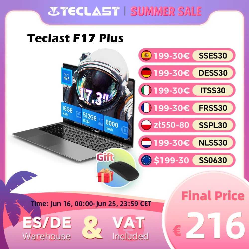 Teclast F17Plus laptop de 17.3 pulgadas, 16 GB de RAM 512GB SSD, Intel N95, Windows 11 Pro, ordenadores portátiles de 180 ° Flip