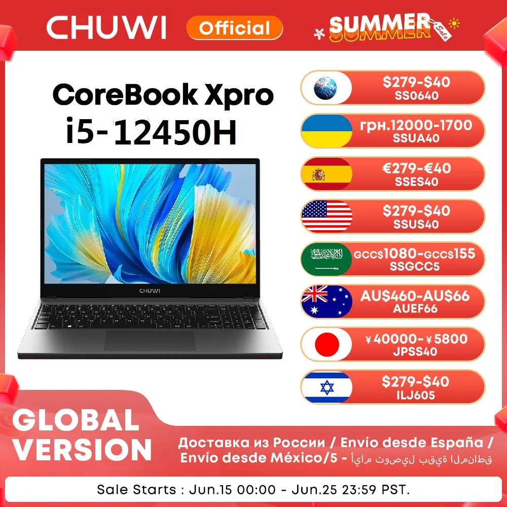 CHUWI CoreBook XPro Laptop i5-12450H 8 núcleos portátil para juegos 15,6 "pantalla FHD 16GB RAM 512GB SSD Metal Body Notebook con enfriador