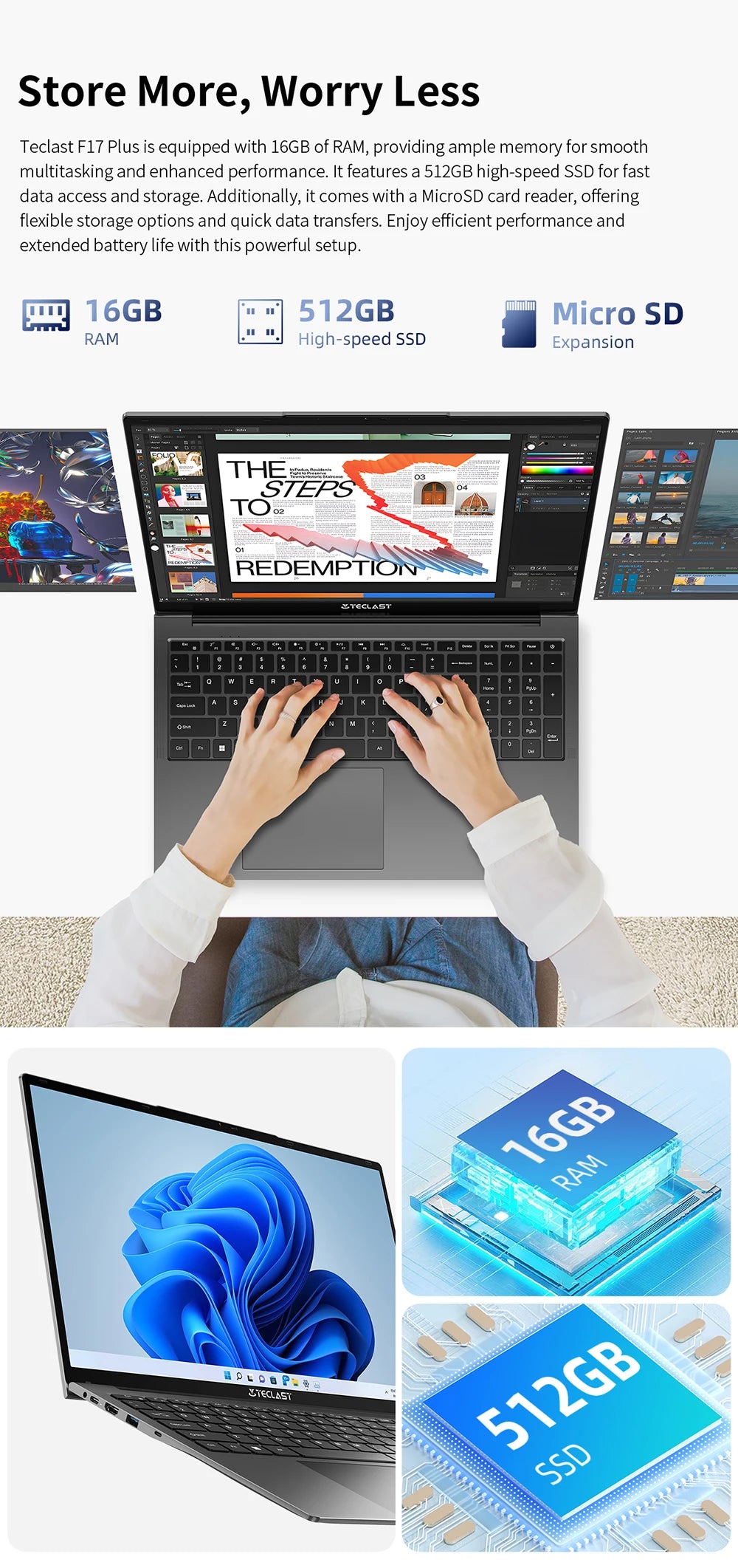 Teclast F17Plus laptop de 17.3 pulgadas, 16 GB de RAM 512GB SSD, Intel N95, Windows 11 Pro, ordenadores portátiles de 180 ° Flip