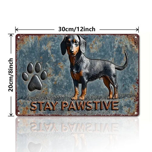 "Stay Pawsitive Vintage Dachshund - Letrero de metal de aluminio - Arte de pared de estaño de 8 x 12 pulgadas para el hogar, la oficina, el bar o la decoración de la habitación"