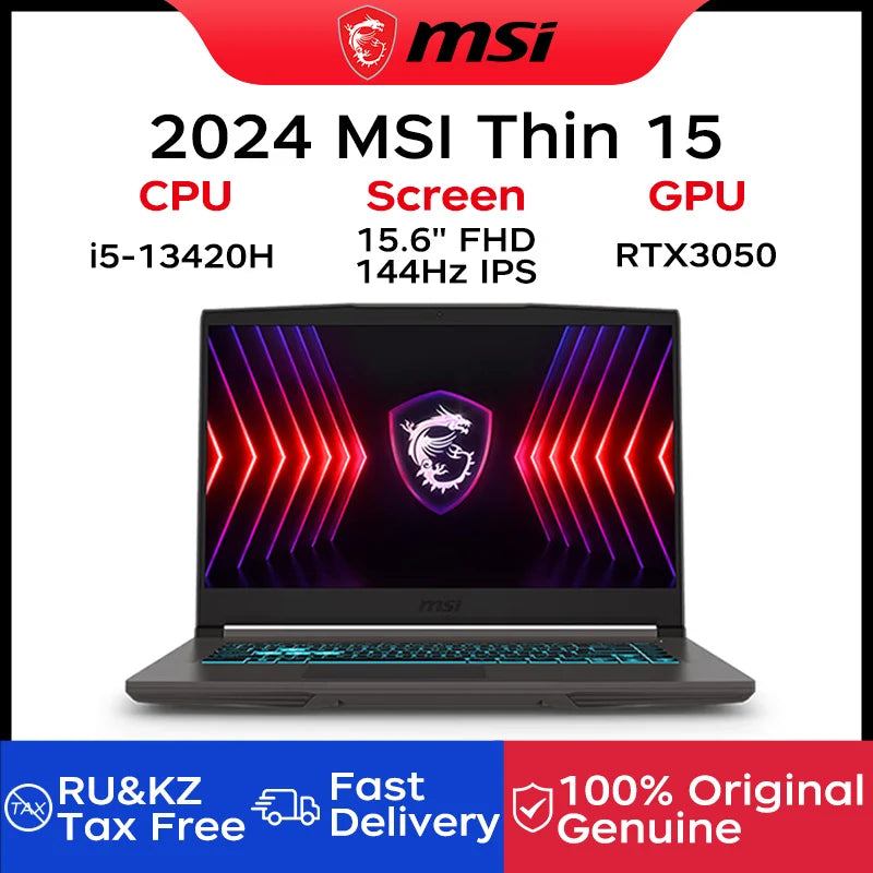 2024 MSI Thin 15 Laptop para juegos 15,6 pulgadas 2,5 K FHD 144Hz pantalla IPS Notebook i5-13420H 32GB 1TB RTX3050 ordenador Netbook para juegos