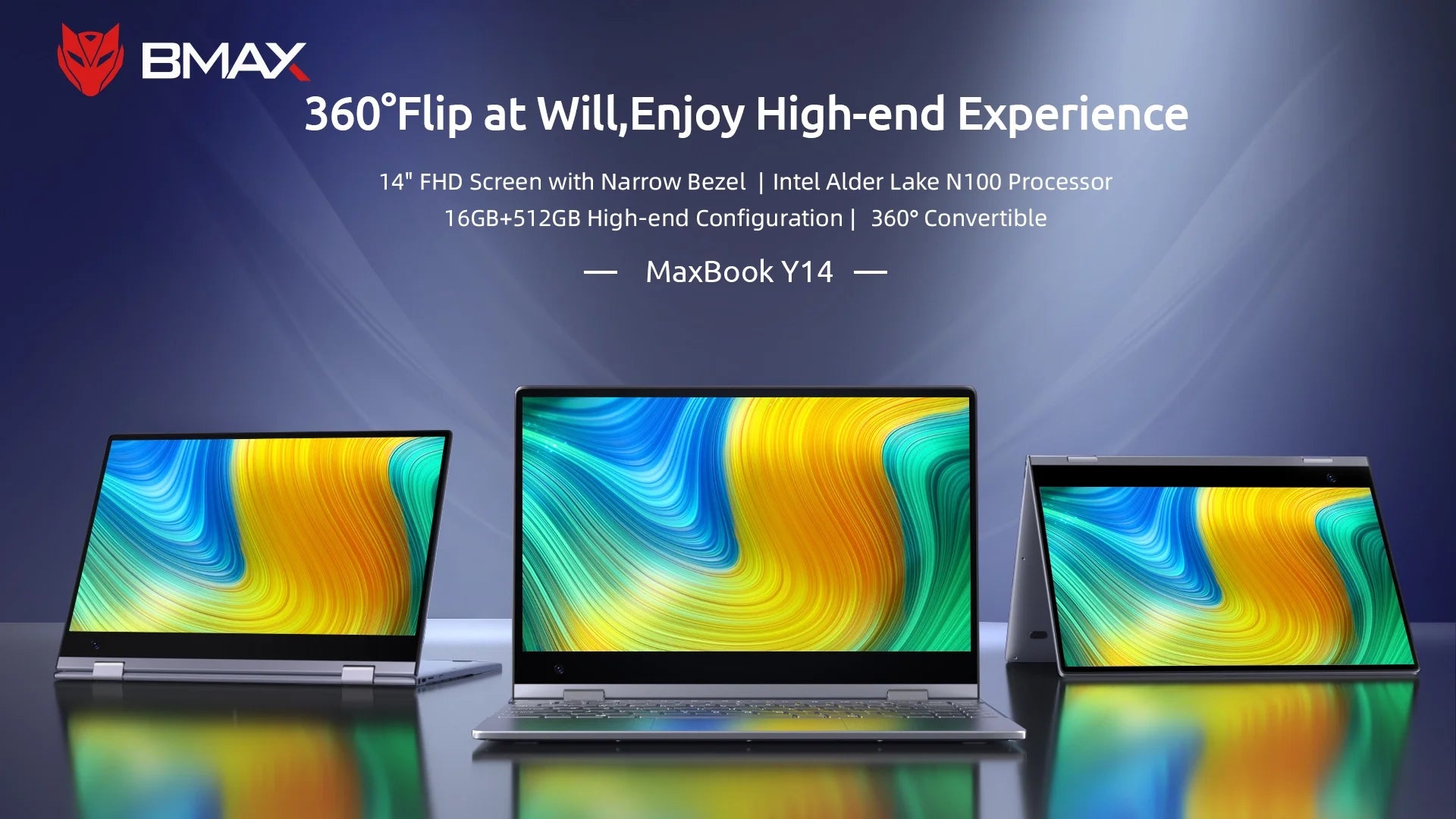 BMAX-ordenador portátil Y14, Laptop Convertible de 360 °, 14 pulgadas, Intel N100, 16GB RAM, LPDDR5, 512GB SSD, Windows 11, 1920x1080, IPS