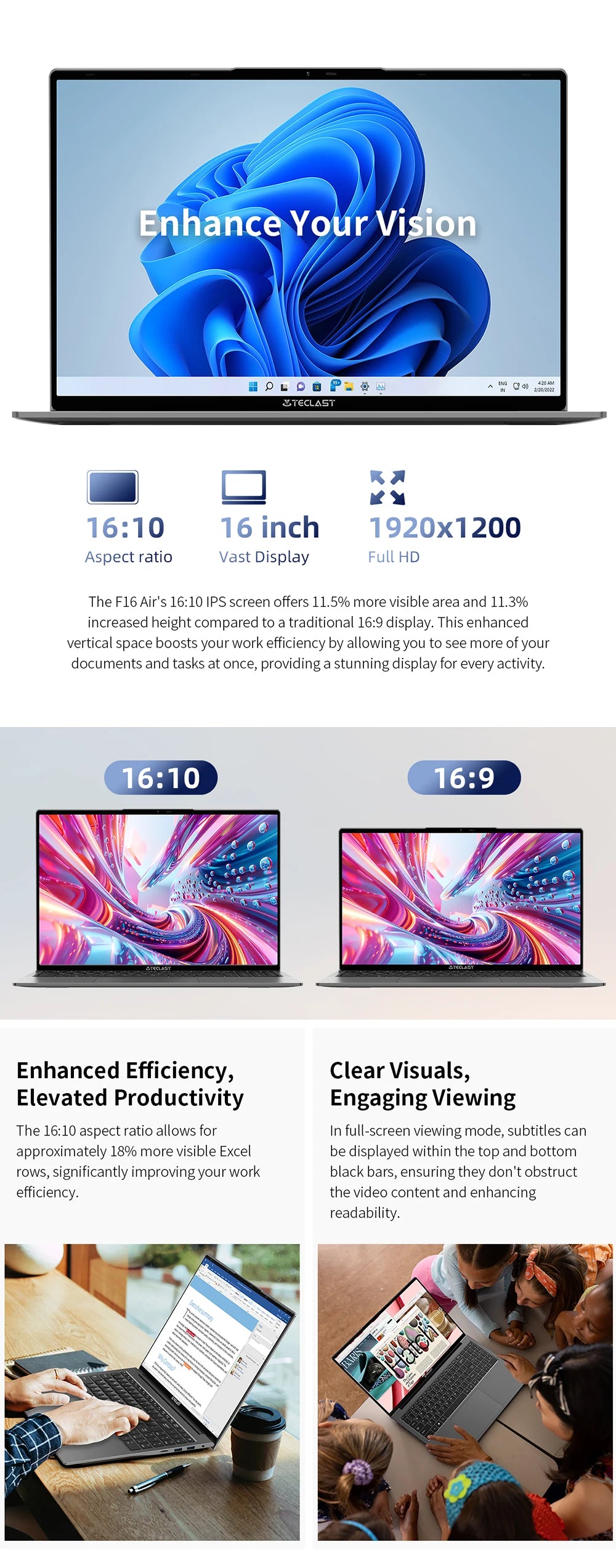 TECLAST F16Air Laptop 16.1 pulgadas, for Intel N95, 16GB RAM 512GB ROM, Pantalla IPS FHD 1080P, Teclado retroiluminado, Flip de 180 grados