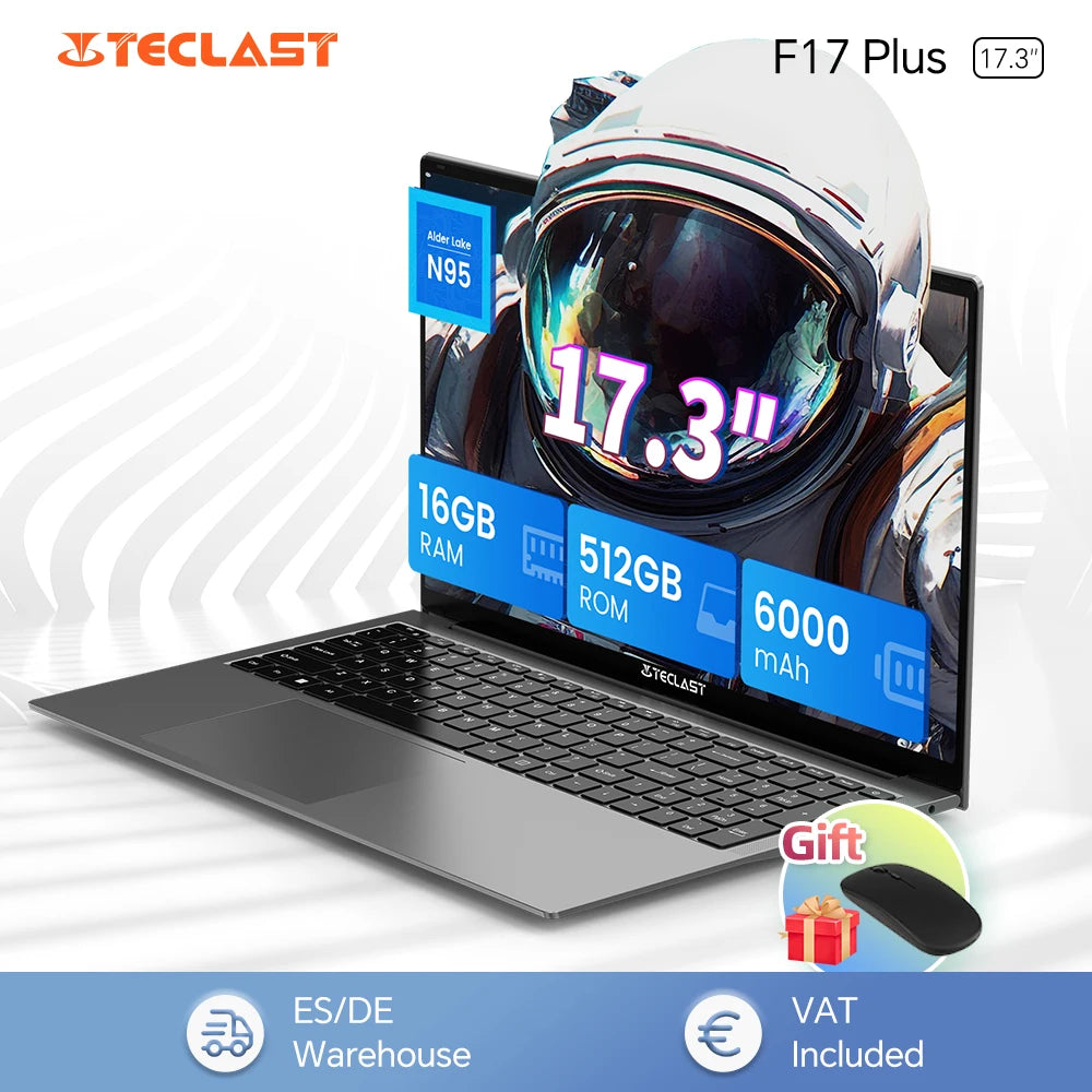 Teclast F17Plus laptop de 17.3 pulgadas, 16 GB de RAM 512GB SSD, Intel N95, Windows 11 Pro, ordenadores portátiles de 180 ° Flip