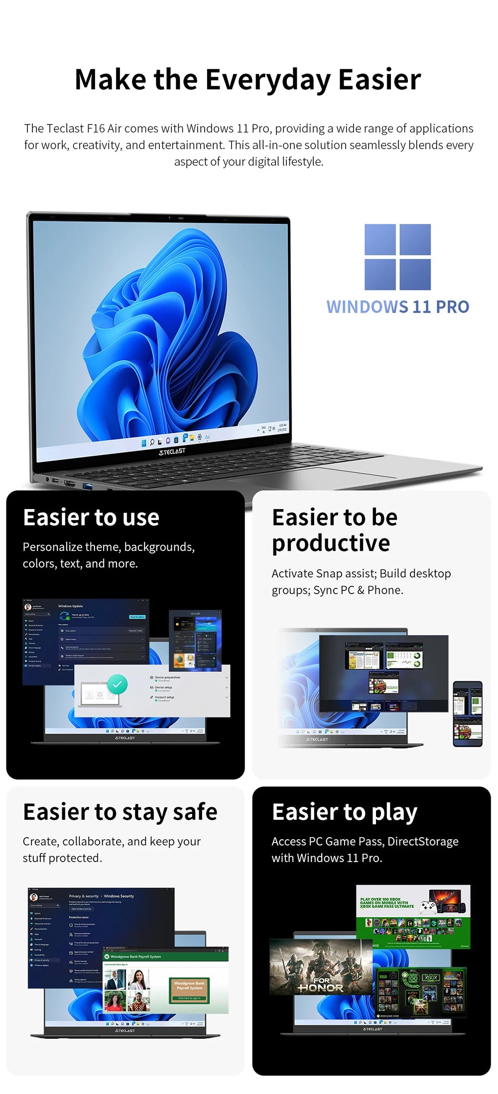 TECLAST F16Air Laptop 16.1 pulgadas, for Intel N95, 16GB RAM 512GB ROM, Pantalla IPS FHD 1080P, Teclado retroiluminado, Flip de 180 grados