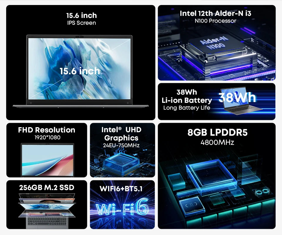 CHUWI GemiBook Plus Laptop 16GB LPDDR5 512GB SSD Intel Alder Lake N100 15.6'' FHD 1920*1080 WiFi 6 Windows 11 Laptops