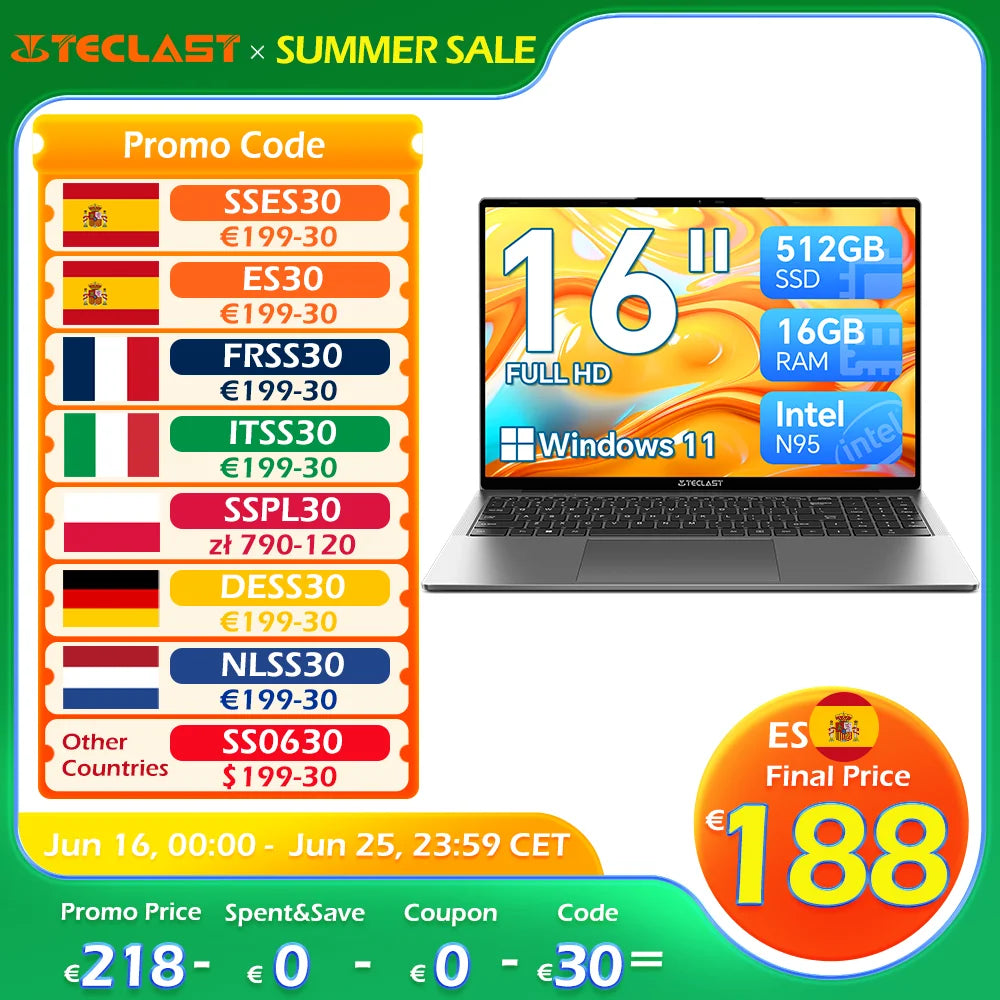 TECLAST F16Air Laptop 16.1 pulgadas, for Intel N95, 16GB RAM 512GB ROM, Pantalla IPS FHD 1080P, Teclado retroiluminado, Flip de 180 grados