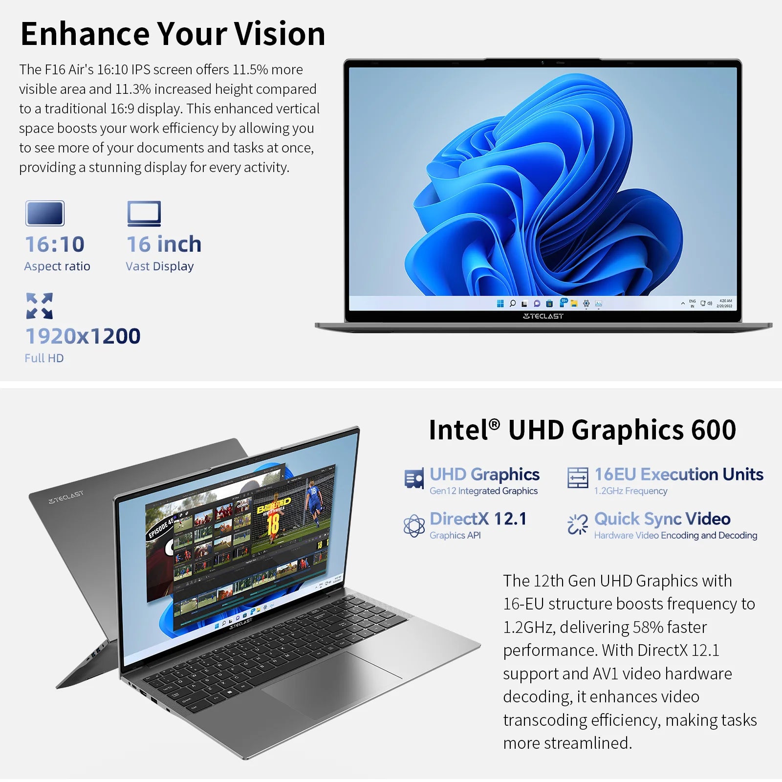 TECLAST F16Air Laptop 16.1 pulgadas, for Intel N95, 16GB RAM 512GB ROM, Pantalla IPS FHD 1080P, Teclado retroiluminado, Flip de 180 grados